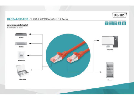 DIGITUS Câble de brassage Cat.6, S/FTP, 3,0 m, par 10, rouge