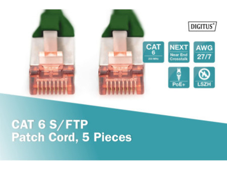 DIGITUS Câble patch Cat. 6, S/FTP, 10,0 m, set de 5, vert