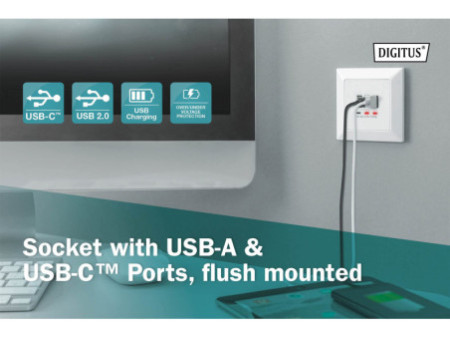 DIGITUS Prise avec ports USB-A & USB-C, encastrable