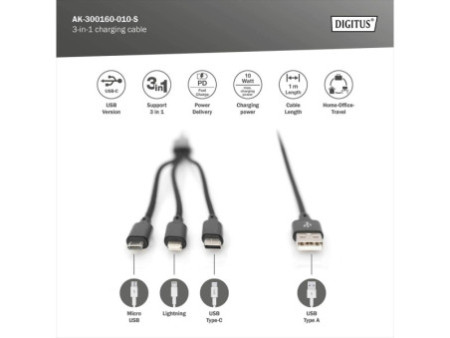 DIGITUS Câble de charge 3-en-1, USB A-Lightning + Micro USB
