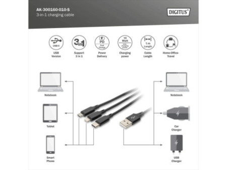 DIGITUS Câble de charge 3-en-1, USB A-Lightning + Micro USB