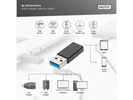 DIGITUS Adaptateur USB Type-C, USB A - USB-C, noir