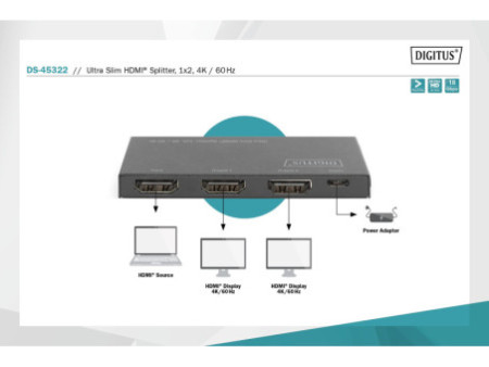DIGITUS Répartiteur HDMI extra-plat, 1x2, 4K/60 Hz, noir