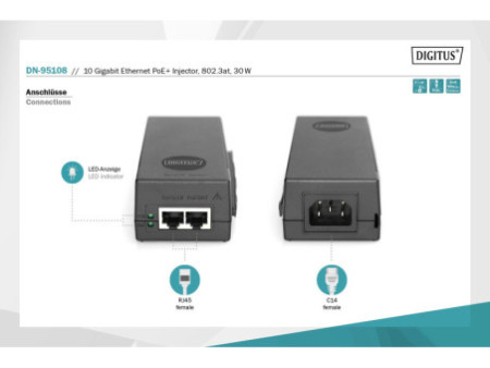 DIGITUS Injecteur PoE+ 10 Gigabit Ethernet, 802.3at, 30 W