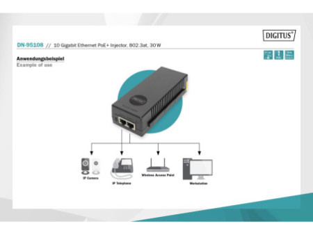 DIGITUS Injecteur PoE+ 10 Gigabit Ethernet, 802.3at, 30 W