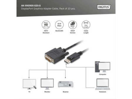 DIGITUS Câble adaptateur, DisplayPort - DVI-D, 2,0 m, par 10