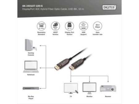 DIGITUS Câble de fibre optique hybride DisplayPort AOC, 10 m