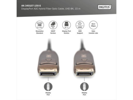 DIGITUS Câble de fibre optique hybride DisplayPort AOC, 15 m