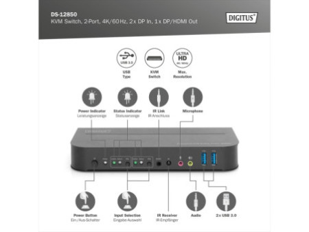 DIGITUS Commutateur KVM, 2 ports, 2x entrée DP, 1x sortie DP