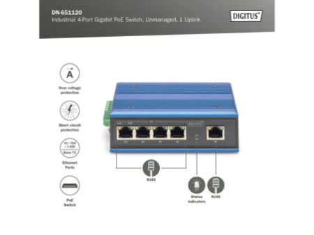 DIGITUS Commutateur Gigabit industriel PoE Switch, 4 ports