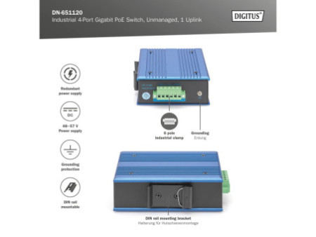 DIGITUS Commutateur Gigabit industriel PoE Switch, 4 ports