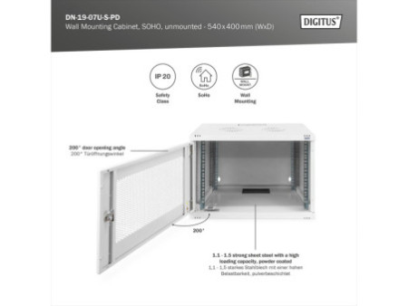 DIGITUS Coffret mural 19' SOHO, non monté, 7U, gris clair