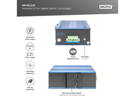 DIGITUS Commutateur industriel Gigabit, 8 ports, Unmanaged