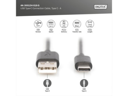 DIGITUS Câble de connexion USB 2.0, USB-C - USB-A, 1,8 m