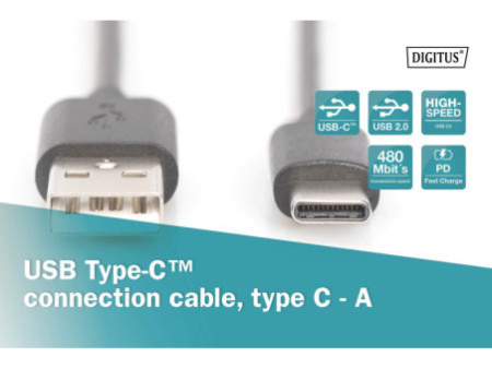 DIGITUS Câble de connexion USB 2.0, USB-C - USB-A, 1,8 m