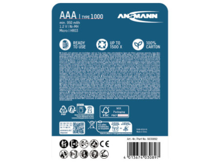 ANSMANN Pile rechargeable NiMH Premium, Micro AAA, 1.000 mAh