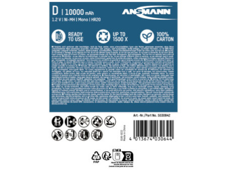 ANSMANN Pile rechargeable maxE NiMH, Mono D, 10.000 mAh