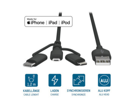 ANSMANN Câble 3en1 de charge & de données, Lightning/USB-C/