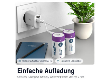 ANSMANN Piles Li-Ion mono D avec prise USB-C femelle