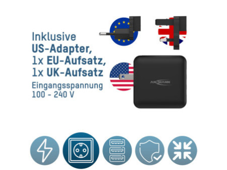 ANSMANN Chargeur de voyage TC230PD, USB-A & USB-C, noir