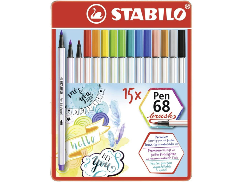 STABILO Feutre pinceau Pen 68 brush, étui en métal de 15