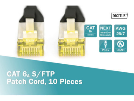 DIGITUS Câble de brassage Cat.6A, S/FTP, 0,25m, par 10, noir
