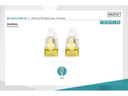 DIGITUS Câble de brassage Cat.6A, S/FTP, 0,5m, par 10, gris