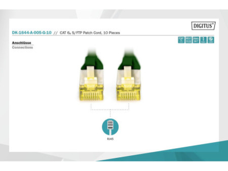 DIGITUS Câble de brassage Cat.6A, S/FTP, 0,5 m, par 10, vert