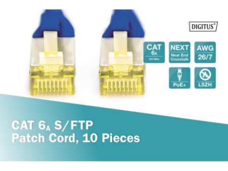 DIGITUS Câble de brassage Cat.6A, S/FTP, 1,0 m, par 10, bleu