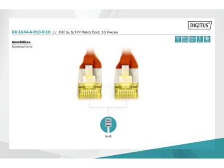 DIGITUS Câble de brassage Cat.6A, S/FTP, 1,0m, par 10, rouge
