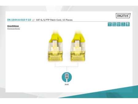 DIGITUS Câble de brassage Cat.6A, S/FTP, 1,0m, par 10, jaune