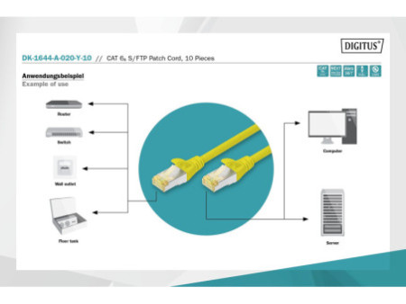 DIGITUS Câble de brassage Cat.6A, S/FTP, 2,0 m, par 10,jaune