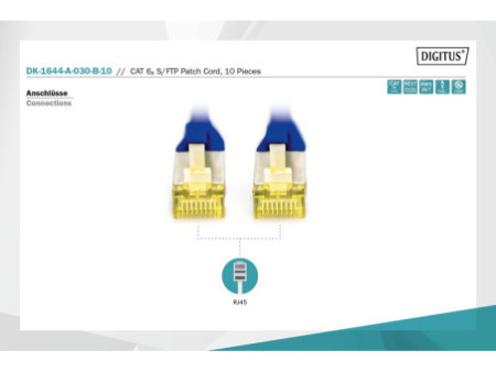 DIGITUS Câble de brassage Cat.6A, S/FTP, 3,0 m, par 10, bleu