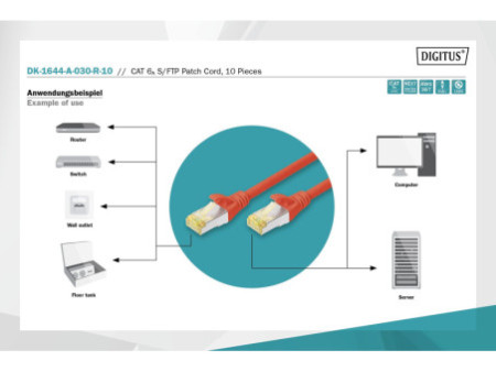 DIGITUS Câble de brassage Cat.6A, S/FTP, 3,0m, par 10, rouge