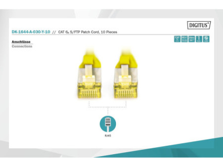 DIGITUS Câble de brassage Cat.6A, S/FTP, 3,0m, par 10, jaune