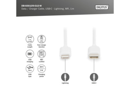 DIGITUS Câble de données/de charge, Lighting-USB-C, 1,0 m