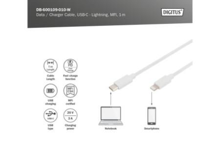 DIGITUS Câble de données/de charge, Lighting-USB-C, 1,0 m