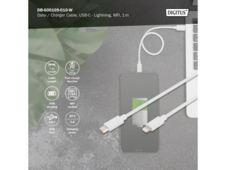 DIGITUS Câble de données/de charge, Lighting-USB-C, 1,0 m