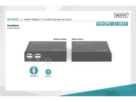 DIGITUS Kit d'extension KVM HDMI 2.0, HDBase T, 100 m