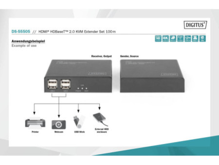 DIGITUS Kit d'extension KVM HDMI 2.0, HDBase T, 100 m