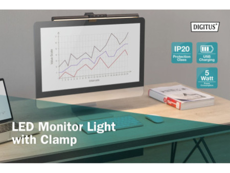DIGITUS Lampe LED avec pince de fixation et port USB, noir