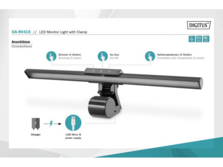 DIGITUS Lampe LED avec pince de fixation et port USB, noir
