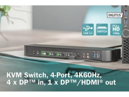 DIGITUS Commutateur KVM, 4 ports, 4K60Hz, 4x entrées DP,