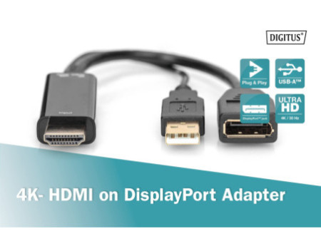 DIGITUS Adaptateur HDMI 4K vers DisplayPort, 0,2 m, noir