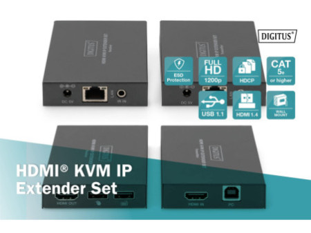 DIGITUS Kit d'extension KVM HDMI IP, noir