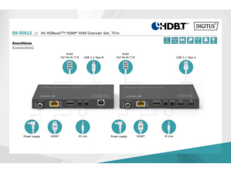 DIGITUS Kit d'extension KVM HDMI 4K HDBaseT, 70 m, noir