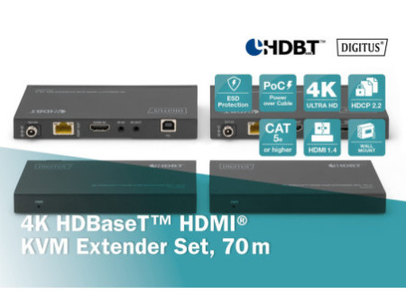 DIGITUS Kit d'extension KVM HDMI 4K HDBaseT, 70 m, noir