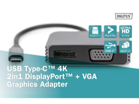 DIGITUS Adaptateur graphique USB-C 4K 2en1 DisplayPort + VGA