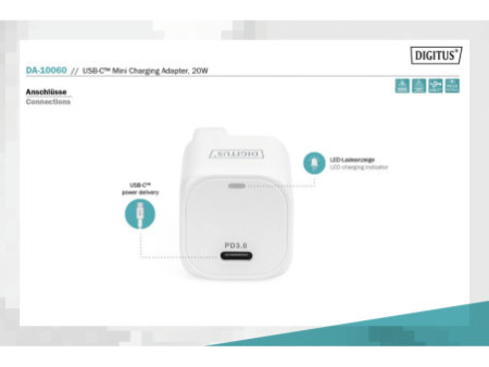 DIGITUS Mini Adaptateur de charge USB-C, 20 watts, blanc