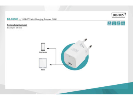 DIGITUS Mini Adaptateur de charge USB-C, 20 watts, blanc
